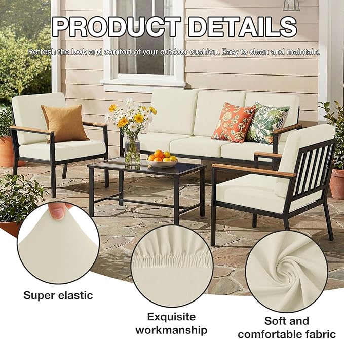 hyha 14Pcs Patio Cushion Covers, Stretch Outdoor Couch Cushion Covers Replacement, Washable Outdoor Chair/Sofa Slipcovers for Patio Furniture Cushions Protector with Elastic Bottom(Beige,Cover Only)