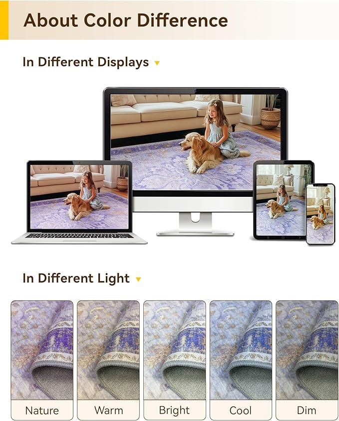 Area Rugs 8'x10' Washable Non-Slip, Floral Vintage Distress Print Pattern Medallion Carpet for Living Room Bedroom Dining Room, Light Purple Brown