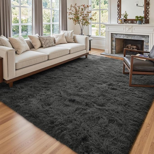 8x10 Ft Extra Large Shag Rugs for Living Room, Ultra Soft Fluffy Furry Area Rugs for Bedroom Indoor Floor, Aesthetic Carpet for Kids Home Decor (Dark Grey)