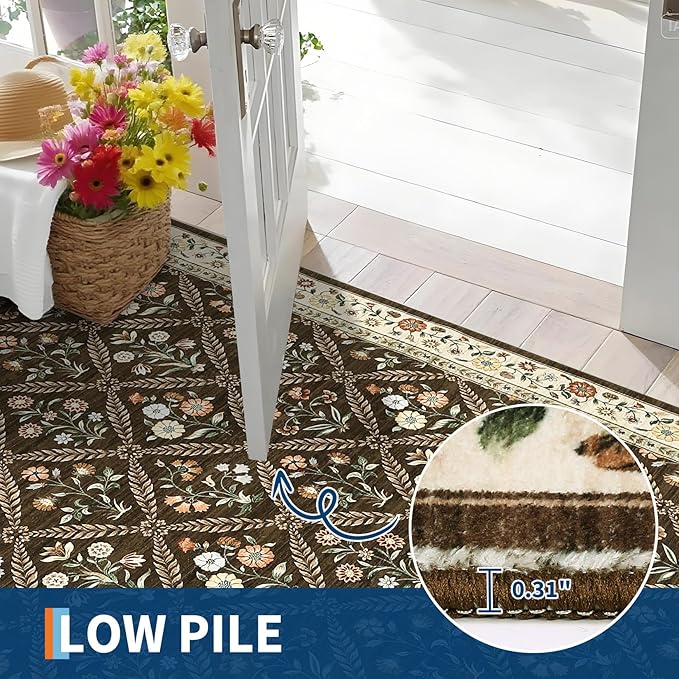 Washable Kitchen Runner 2x6 Non-Slip Floral Carpet Runner for Entryway Indoor Ultra Soft Stain Resistant Long Rugs Farmhouse Floor Mat for Hallways Laundry Bedroom Brown