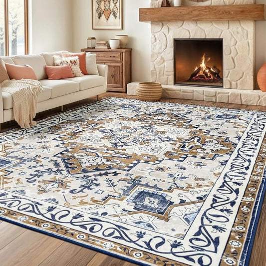 Rugflix 9x12 Area Rug for Living Room, Machine Washable Area Rugs with Non-Slip Backing, Large Soft Boho Vintage Rug for Bedroom, Dining Room, Low Pile Carpet, Kids Pet Friendly, Brown Beige