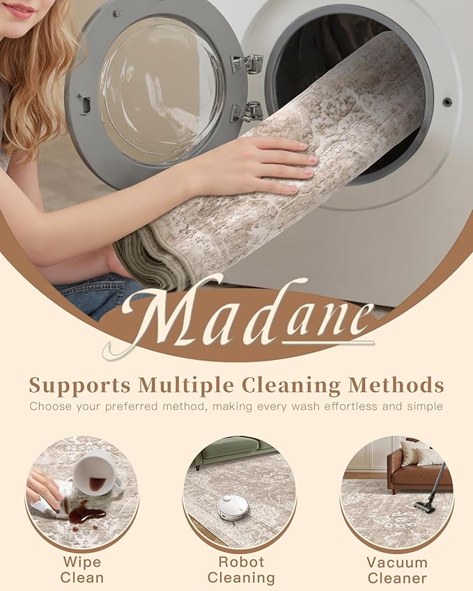 Madane Washable 6x9 Area Rugs for Living Room, Vintage Natural Rug with Non-Slip Backing, Soft Stain Resistant Throw Rugs Thin Carpet for Bedroom Dining Room Farmhouse (6 x 9, Brown/Sand)