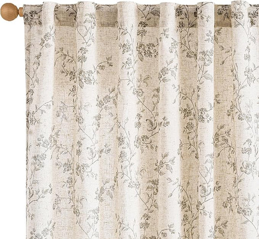 Lazzzy Grey Floral Linen Curtains 84 Inch Length Farmhouse Curtain Back Tab Drapes for Living Room Bedroom Light Filtering Vintage Rod Pocket Curtains, 2 Panels, Gray on Beige