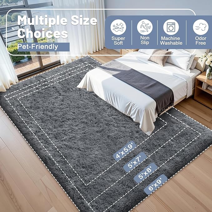 OLANLY 10x10 Machine Washable Large Area Rugs for Living Room, Bedroom, Soft Fluffy Shaggy Bedside Rug, Indoor Floor Carpet for Kids Girls and Boys, Dorms, Nursery, Home Decor Aesthetic, Grey