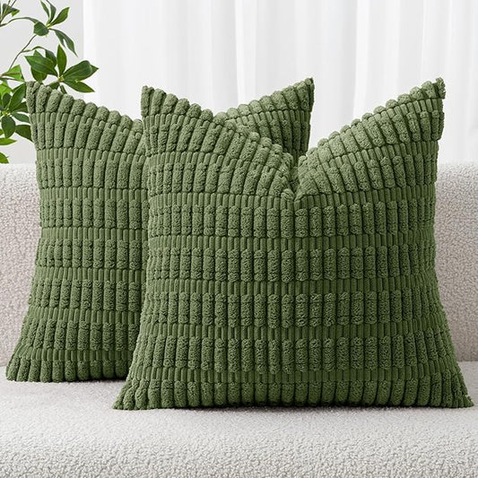MIULEE Pack of 2 Spring Corduroy Decorative Throw Pillow Covers 20x20 Inch Soft Boho Striped Pillow Covers Modern Farmhouse Home Decor for Summer Sofa Living Room Couch Bed Moss Green
