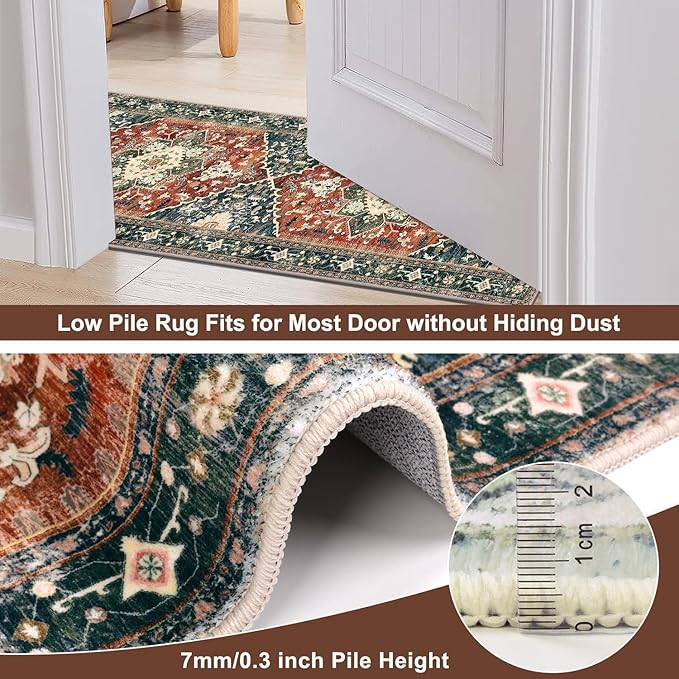 Yamaziot Washable Runner Rug, 3x8 Non-Slip Boho Vintage Hallway Rug with Rubber Backing, Low Pile Faux Wool Distressed Carpet Runner for Bedroom, Kitchen, Laundry, Entrance