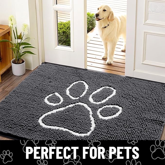 Smiry Dog Door Mat for Muddy Paws, Absorbent Dirt Trapper Non Slip Quick Dry Washable Chenille Mat for Mud Dogs, Entry Rug for Indoor and Outdoor (47x20 Inches, Dark Grey and White)