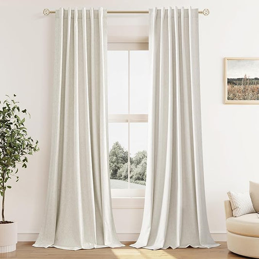 Guken Cream 100% Blackout Linen Curtains 42 Inch Wide by 108 Inch for Living Room Bedroom Back Tab Rod Pocket Thermal Insulated Black Out Drapes Room Darkening Farmhouse Window Curtains,42x108
