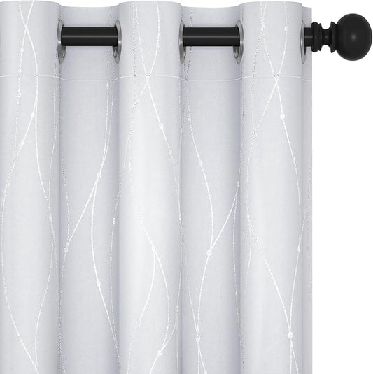 Deconovo Room Darkening Curtains, White Curtain, Thermal Insulated Soundproof Drapes, Silver Wave Dot Print, 42 x 63 Inch Long, Grommet Machine Washable Window Panels for Bedroom Living Room, Set of 2