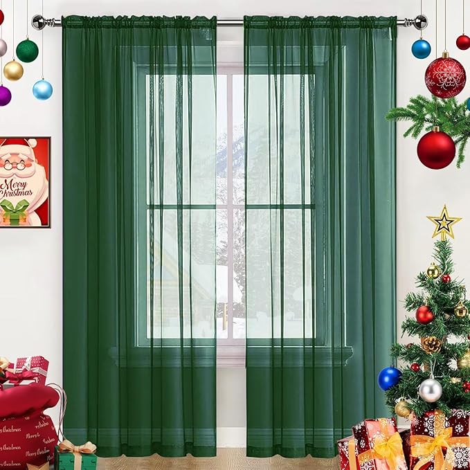 SpaceDresser Sheer Voile Window Treatment Rod Pocket Curtain Panels for Kitchen Bedroom Living Room Drapes Sunlight Filtering Privacy Semi Home Decor Assorted Colors Sizes (Foliage Green, 52 W x 63 L)