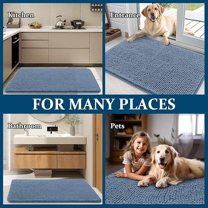 OLANLY Dog Door Mat for Muddy Paws 44x24, Absorbs Moisture and Dirt, Absorbent Non-Slip Washable Doormat, Quick Dry Chenille Mud Mat for Dogs, Entry Indoor Entryway Carpet for Inside Floor, Airy Blue