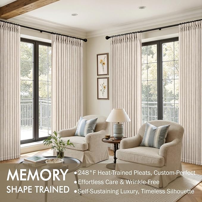 MIULEE Pinch Pleated Thick Linen Curtains 90 Inches Long 2 Panels for Living Room Bedroom, Linen Textured Memory Trained Pleat Drapes Back Tab Light Filtering Cream Ivory Window Curtains with Hooks
