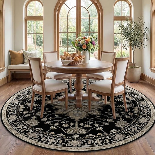 Area Rugs 7ft Washable Non-Slip, Floral Vintage Distress Print Pattern Medallion Carpet for Living Room Bedroom Dining Room, Black Brown Neutral Dark Tan