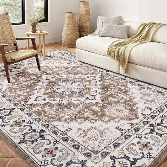 Lofus 5x7 Area Rugs for Living Room, Washable Area Rug, Rugs for Bedroom, Kitchen, Vintage Boho Carpet, Soft Non-Slip, Low Pile Large Area Rug for Office Dining Room, Floral Brown