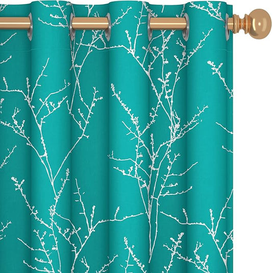 Deconovo Blackout Curtains, Thermal Insulated Soundproof Drapes with Tree Foil Print, 52 x 108 Inch, Set of 2, Machine Washable Window Curtain for Bedroom Living Room Nursery Kitchen Office, Turquoise