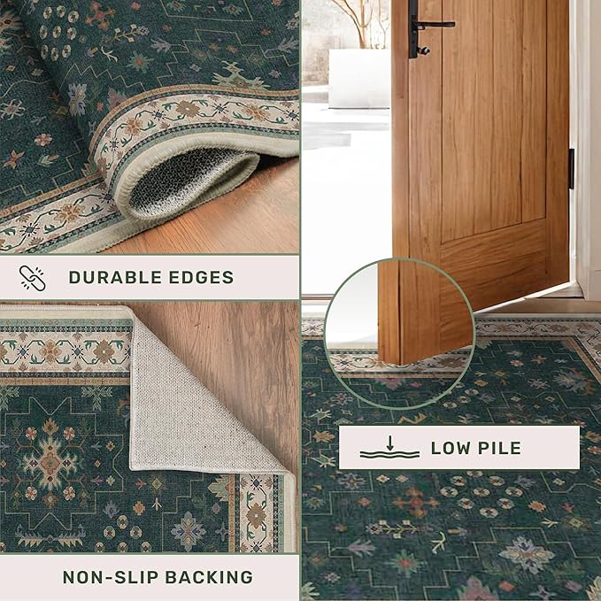 Hazo Haus Dark Green Vintage 8x10 Washable Rugs for Living Room - Dark Academia Victorian Floral Geometric Bedroom Rug, Ultra Soft Thin Low Pile Non-Slip Large Rugs for Dining Room Under Table Lounge