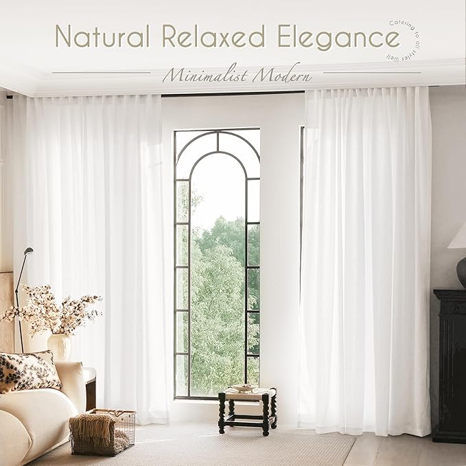 White Linen Curtains 90 inch Length for Bedroom Loop Pocket Privacy Light Filtering Semi Sheer White Boho Farmhouse Curtain 90 inch Long Drapes Cotton Textured Modern Elegant Coastal Living Room Decor