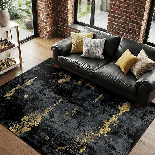 Washable Area Rugs 4'x6' Non-Slip Modern Abstract Soft for Living Room Entryway Bedroom Nursery, Print Pattern, Dark Black Gold