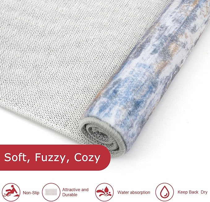 KOZYFLY Modern Abstract 3x5 Large Entryway Rug Non-Slip Washable Area Rug, Blue Rust Throw Rugs Indoor Mat for High-Traffic Door Entrance, Kitchen, Laundry, Nursery, Soft Bedroom Living Room Accent