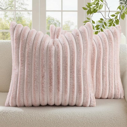 decorUhome Summer Cozy Faux Fur Throw Pillow Covers 22x22 Set of 2 Decorative Plush Striped Modern Farmhouse Boho Couch Euro Sham Pillow Cases with Velvet Back for Sofa Bed Living Roomr, Pink White