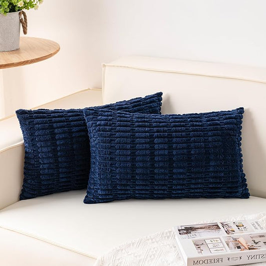Pack of 2 Corduroy Decorative Throw Pillow Covers 12x24 Inch Soft Striped Pillow Covers Modern Farmhouse Home Decor for Sofa Living Room Couch Bed（Blue）