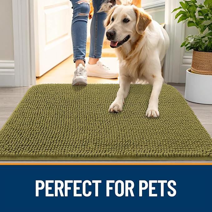 OLANLY Dog Door Mat for Muddy Paws 47x20, Absorbs Moisture and Dirt, Absorbent Non-Slip Washable Doormat, Quick Dry Chenille Mud Mat, Entry Indoor Entryway Carpet for Inside Floor, Willow Green