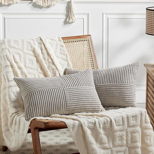 Fancy Homi 2 Packs Neutral Grey Lumbar Decorative Throw Pillow Covers 16x28 Inch for Living Room Couch Bed Sofa, Farmhouse Home Decor, Soft Striped Corduroy Rectangle Accent Cushion Case 40x70 cm