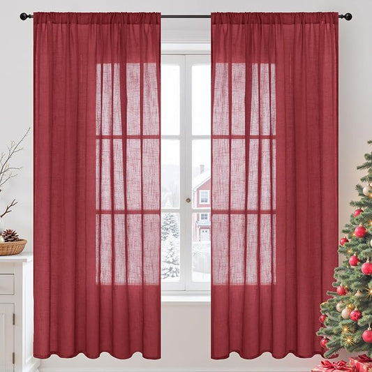 BGment Burgundy Linen Curtains 72 Inches Long for Living Room, Window Drapes Semi Sheer Textured for Farmhouse Bedroom Dining Christmas Decor with Rod Pocket Lightweight, 2 Panels, Each 52 Inch Wide