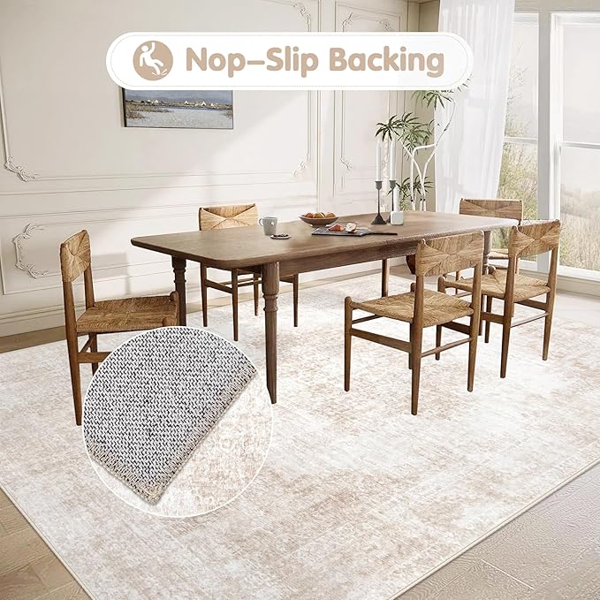 Area Rug 6x9 Vintage Rugs: Washable Living Room Rug Retro Medallion Distressed Large Rug Soft Low Pile Non-Slip Rugs Indoor Floor Carpet for Bedroom Kitchen Nursery Dining Table Office (Beige/Brown)