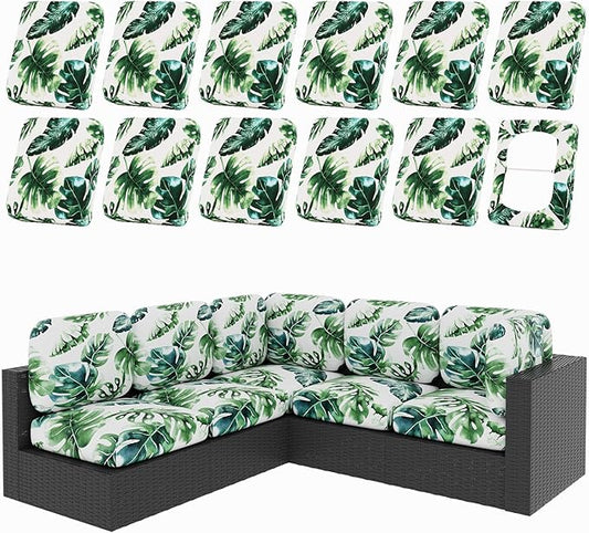 hyha 12Pcs Patio Cushion Covers, Stretch Outdoor Couch Cushion Covers, Washable Outdoor Chair/Sofa Slipcovers for Patio Furniture Cushions Protector with Elastic Bottom(Monstera Deliciosa,Cover Only)