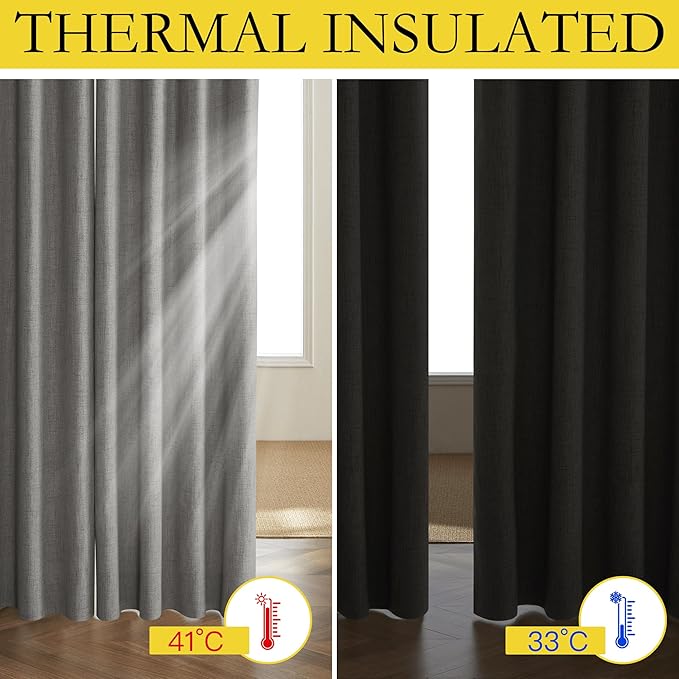 NICETOWN Grizzle Gray Vintage Linen 100% Blackout Curtains for Living Room, Thermal Insulated Curtains 72" Long, Noise Reducing Window Treatment Drapes for Hall Room, 52" Wide Per Panel, Set of 2