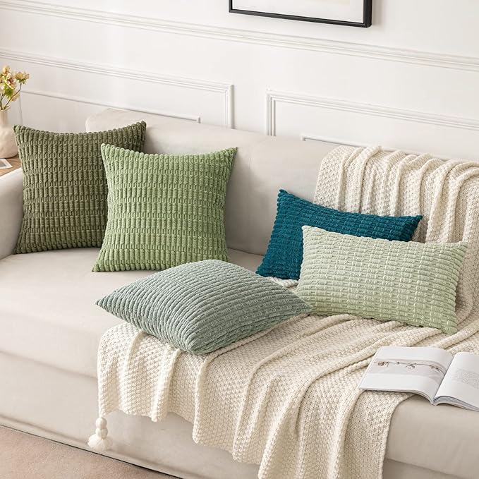 MIULEE Pack of 2 Spring Corduroy Decorative Throw Pillow Covers 18x18 Inch Soft Boho Striped Pillow Covers Modern Farmhouse Home Decor for Summer Sofa Living Room Couch Bed Olive Green