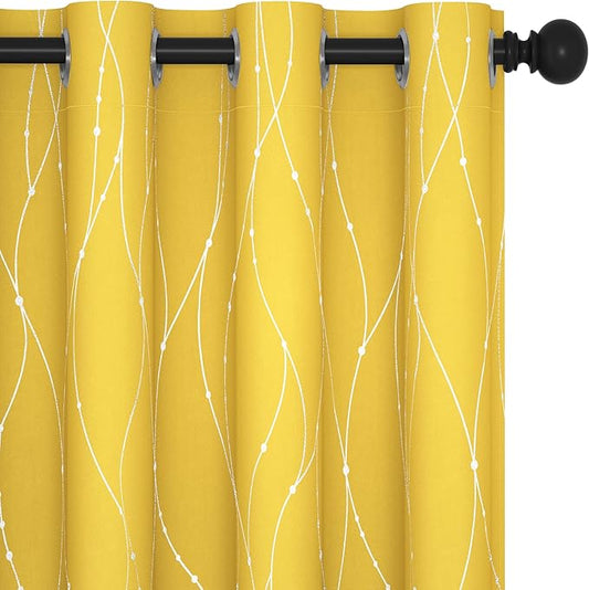 Deconovo Yellow Curtains, Modern Blackout Drapes, Thermal Insulated Soundoroof Pravicy Curtain with Wave Dots Foil, 52 x 84 Inch, Machine Washable Window Panels for Living Room Bedroom Nursery Office