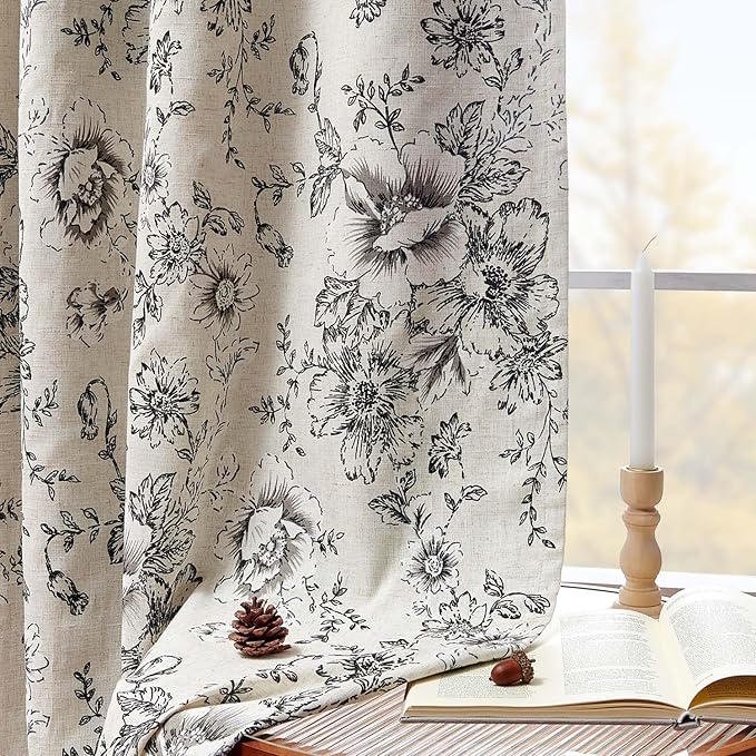 jinchan Blackout Floral Curtains for Living Room Bedroom Linen Blend Curtain Farmhouse Black Printed with Lined Back Tab Rod Pocket Drapes Window Treatments 2 Panels 72 Inch