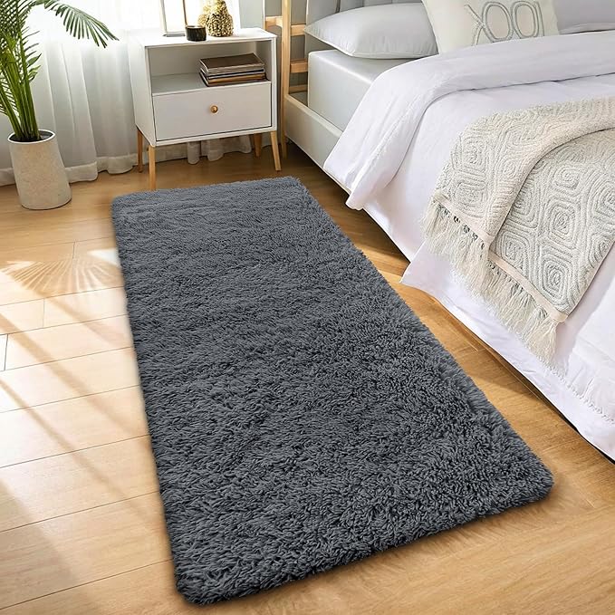OLANLY 2x9 Machine Washable Runner Rugs for Hallway, Soft Fluffy Shaggy Bedside Rugs for Bedroom, Living Room, Indoor Floor Carpet for Kids Girls and Boys, Nursery Rooms, Home Decor Aesthetic, Grey