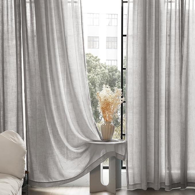 Linen Blend Grey Curtains for Living Room Back Tab Modern Farmhouse Semi Sheer Light Gray Curtains 108 inches Long 2 Panels Set Muted Neutral Cotton Texture Window Curtain for Dining Room Bedroom