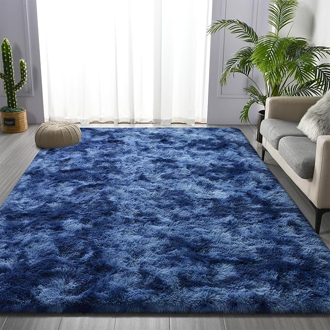 Deerhoo Large Shag Area Rugs 5 x 8, Plush Fuzzy Rugs for Living Room, Ultra Soft Fluffy Furry Rug for Bedroom, Indoor Carpet Nursery Rugs for Kids Room Home Decor, Tie-Dyed Navy Blue