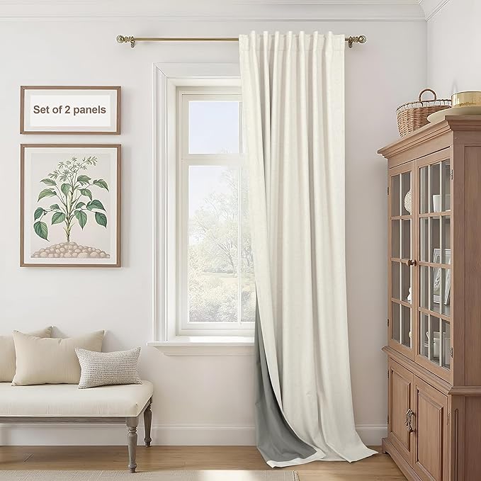 Cream Linen Blackout Curtains 60 Inches Wide for Bedroom Window Viral Modern Farmhouse Curtains for Sliding Glass Doors Thermal Soundproof Heavy Drapes 60x96 Long 2 Panels Ivory Off White Black Out