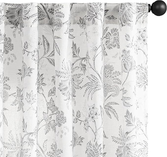 jinchan Linen Floral Curtains for Living Room, 84 Inch Length Curtains with Printed Flower Light Filtering Curtain, Rod Pocket Back Tab Gray Window Curtain Set, 2 Panels Light Grey on White