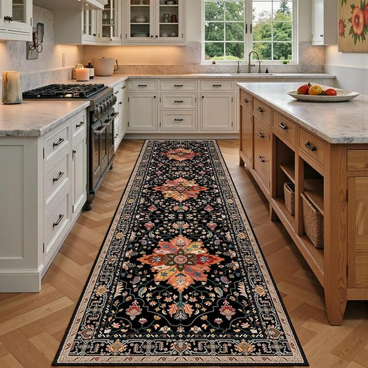 RELEANY Area Rugs 2'x7' Runner Rug Non Slip Washable for Kitchen Hallway Bedroom Beside Laundry Room Bathroom Rug, Floor Carpet, Black Colorful Floral Dark Tan