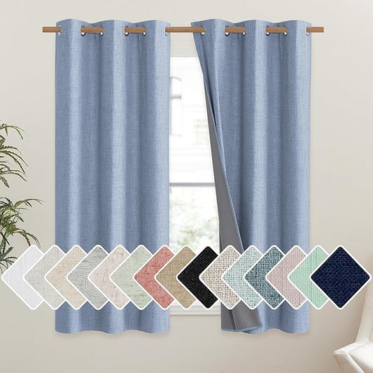 NICETOWN Stone Blue Vintage Linen 100% Blackout Curtains for Dining Room, Thermal Insulated Curtains 54" Long, Noise Reducing Window Treatment Drapes for Kitchen, 42" Wide Per Panel, Set of 2