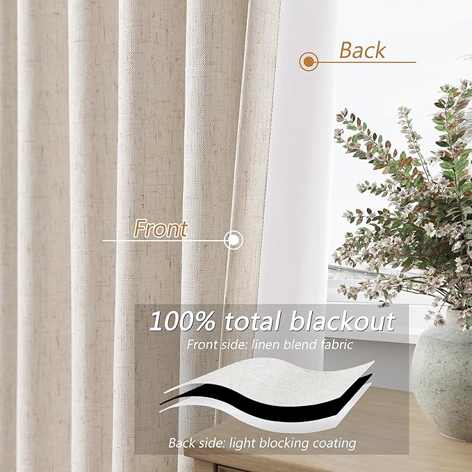 Guken 100% Blackout Linen Curtains 96 Inch Length 2 Panels Set for Living Room Bedroom Back Tab Thermal Insulated Black Out Drapes Room Darkening Farmhouse Style for Bedroom Window Curtains 52x96
