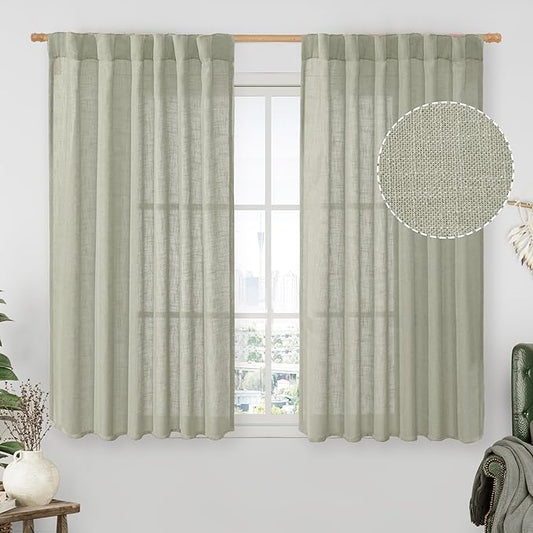 LAMIT Sage Grey Linen Curtains 54 Inch Length 2 Panels, Light Filtering Panels Back Tab and Rod Pocket Neutral Drapes for Kitchen/Window/Bedroom, 52 x 54 Inch
