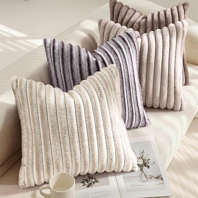 decorUhome Summer Cozy Faux Fur Throw Pillow Covers 12x20 Set of 2 Decorative Soft Plush Striped Lumbar Modern Farmhouse Boho Couch Pillow Cases with Velvet Back for Sofa Bed Living Room, Beige White