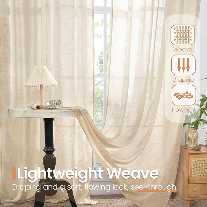 BGment 108 Inch Length Linen Curtains for Living Room Windows, Semi Sheer Natural Textured Drapes for Bedroom Dining Farmhouse Decorative Rustic Rod Pocket Lightweight, 2 Panels, Each 52 Inch Wide