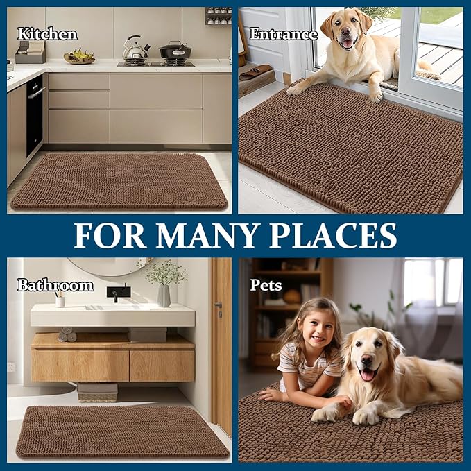 OLANLY Dog Door Mat for Muddy Paws 30x17, Absorbs Moisture and Dirt, Absorbent Non-Slip Washable Doormat, Quick Dry Chenille Mud Mat for Dogs, Entry Indoor Entryway Carpet for Inside Floor, Mocha