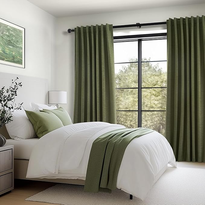 Topfinel 102 Inch Long Linen Blended Blackout Curtains 2 Panels, Back Tab Pleated Look Drapes for Track System with Hooks, Noise Reducing Country Blackout Winodw Curtains 52x102-Loden/Olive Green