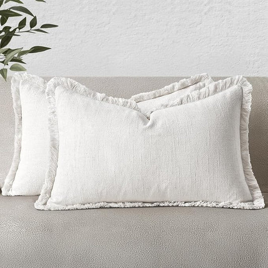 MIULEE Decorative Lumbar Throw Pillow Covers Neutral Linen Fringe Throw Pillows Set of 2 White Boho Farmhouse Cushion Covers with Tassels for Couch Sofa Bed Living Room Spring Decor 12x20 Inch