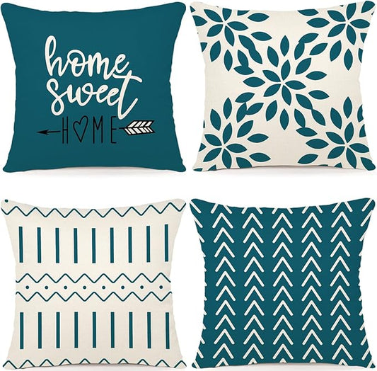YCOLL Pillow Covers 18x18 Set of 4, Modern Sofa Throw Pillow Cover, Decorative Outdoor Linen Fabric Pillow Case for Couch Bed Car,Teal