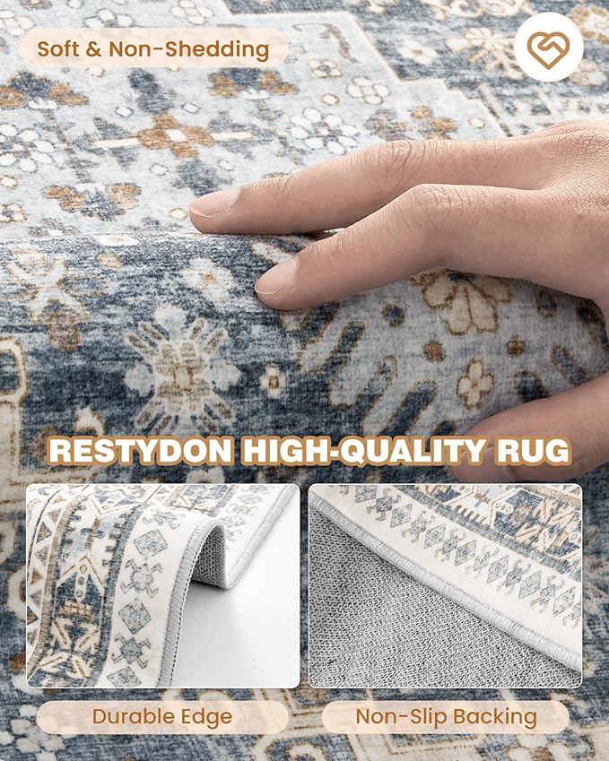 Washable Runner Rug 2.5x16, Non-Slip Long Kitchen Mats for Floor, Vintage Rug for Entryway, Soft Hallway Runner for Dining Room, Bedroom, Living Room(Blue/Beige,2.5'x16')